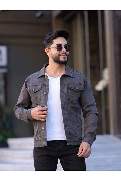 WKM Jachetă de blugi cu nasturi pentru bărbați, gri, din denim, cu buzunare