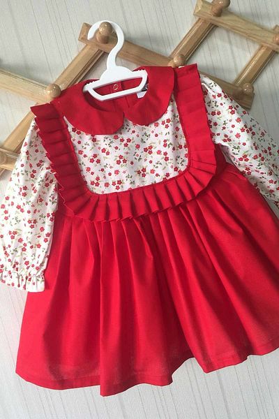 Bertuğ Bebek Baby Collar Pleated Flower Patterned Red Baby Girl Dress
