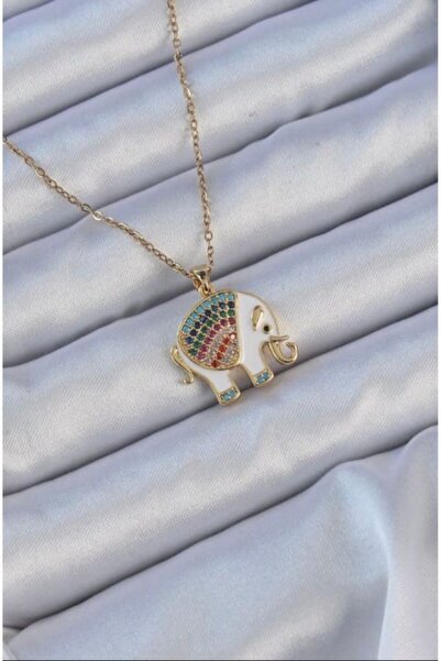 DEMOKAN Kadın Çelik Kolye Klasik Zincir Renkli Taşlı Fil Kolye