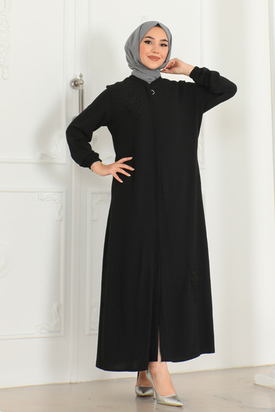 OKTAYUSTA COLLECTİON Güpür İşlemeli Günlük Tam Boy Gizli Patlı Siyah Ferace