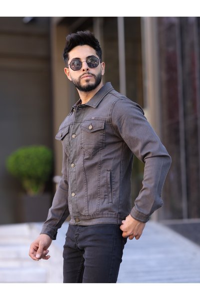 WKM Men's Gray Jean Denim Standard Fit Pocket Button Jeans Jacket