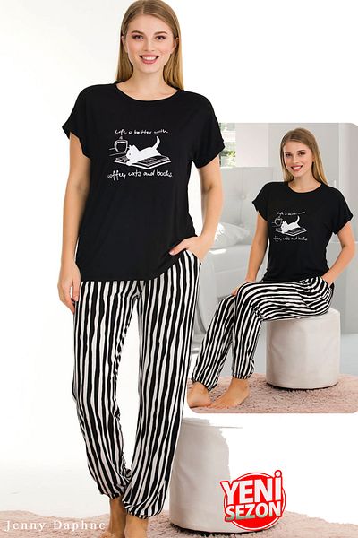 Jenny Daphne Set de pijamale tricou cu mânecă scurtă, cu mânecă scurtă, cu imprimeu în linie pentru femei, din țesătură viscoză 12560