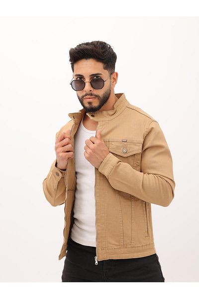 WKM Jachetă de blugi casual pentru bărbați, cu fermoar dublu, Camel Judge