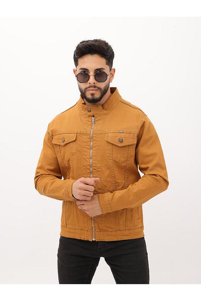 WKM Jachetă de blugi casual pentru bărbați, cu fermoar dublu, guler galben