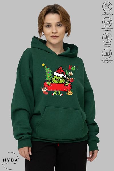 Nyda Collections Φούτερ με κουκούλα Heart Grinch New Year Printed Unisex - Μακρυμάνικο, Oversize βαμβακερό