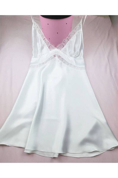 Miss Merveille Silk Satin Women's Nightgown - White Lace Detail 8005Ms