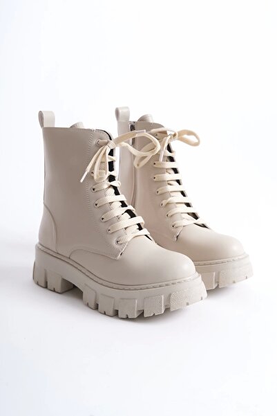 EFW Abra Bej Deri Bağcıklı Yandan Fermuarlı Kadın Postal Bot