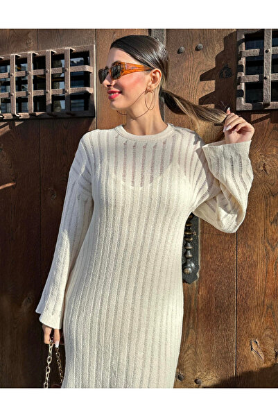 Angel Mia Culoare Ecru guler rotund tricotaj cu aspect dantelat Rochie lungă