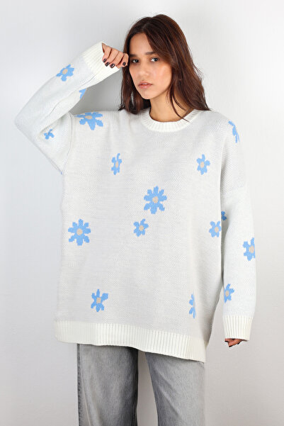 Azimutgiyim Women's Floral Patterned White Oversize Sweater