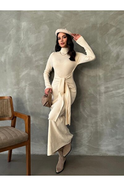 ANBLYs COLLECTION Yarım Balıkçı Uzun Kollu Bağlama Detaylı Uzun Triko Elbise