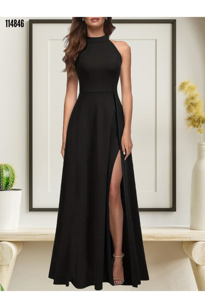 Kokosh moda Kadın Derin Yırtmaç Detaylı Tam boy Halter Yaka Düğün Nikah Abiye Elbise