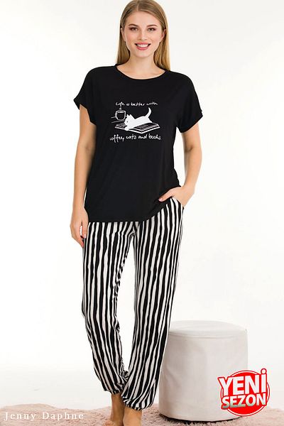 Jenny Daphne Set de pijamale tricou cu mânecă scurtă, cu mânecă scurtă, cu imprimeu în linie pentru femei, din țesătură viscoză 12560