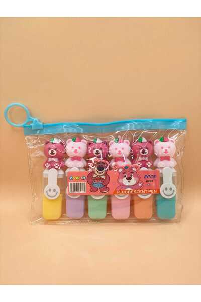 Skycave Pembe Ayıcıklı 6 Renkli Fosforlu Keçeli Mini Kalem