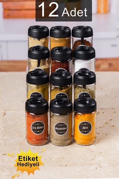 KRM HOME 12-Piece Spice Rack Set with Lockable Lid and Spoon 320 ml Black Labeled Glass Lock Spice Set