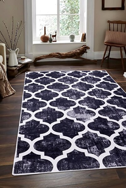 Dijidekor Halı Siyah Maça Yıkanabilir Saçaksız Kesme Ince Yolluk Kilim Salon ...