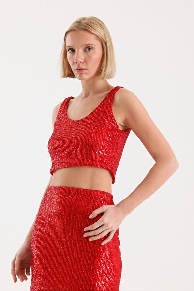 soBasic Червона кроп-блуза - з паєтками, еластична та підкладка, V-подібний виріз, товсті бретелі - розмір L