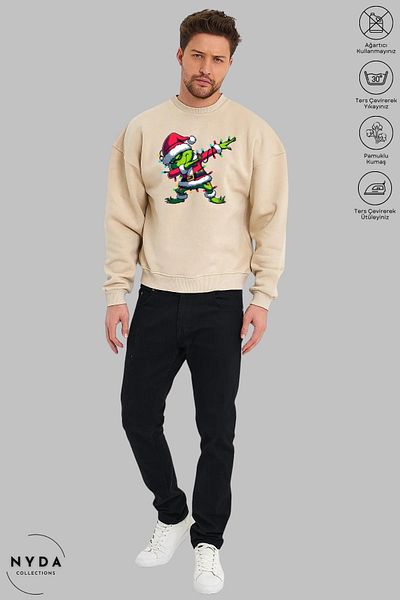 Nyda Collections Unisex μακρυμάνικο Grinch Πρωτοχρονιάτικο Φούτερ με στάμπα με λαιμόκοψη χωρίς κουκούλα