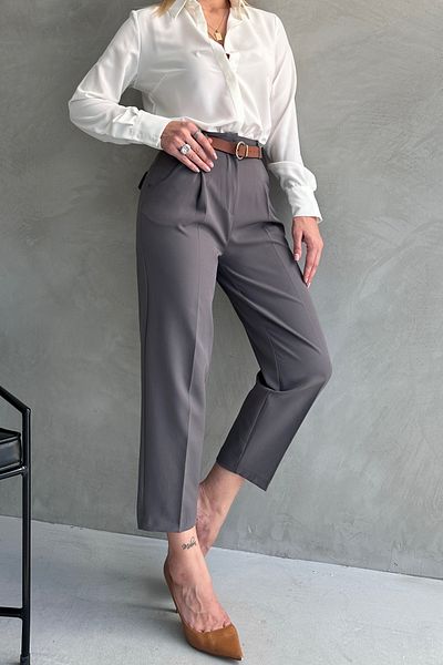 Maude Women's Officer Cut Slim Leg Pleated Belted Seasonal Anthracite Gray Fabric Trousers