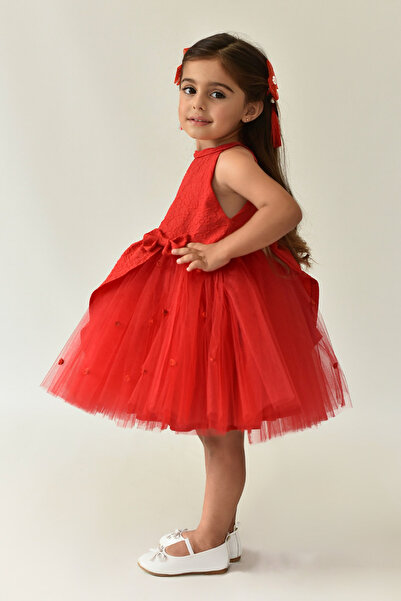 Bertuğ Bebek Kırmızı Tül Asimetrik Güllü Etek Kız Çocuk Bebek Brokar Abiye El...