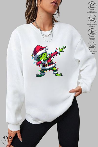 Nyda Collections Unisex μακρυμάνικο Grinch Πρωτοχρονιάτικο Φούτερ με στάμπα με λαιμόκοψη χωρίς κουκούλα