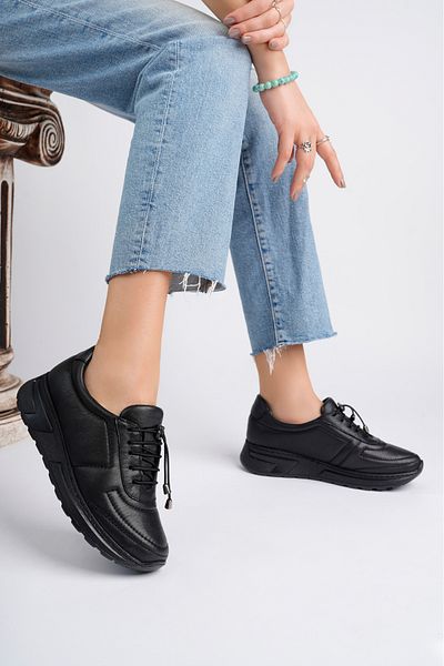 Deripabuc Genuine Leather Black Women's Leather Sneaker Shoes Dp79-0208