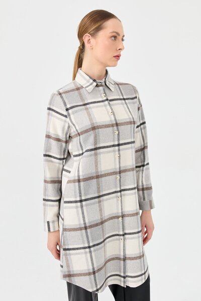 Esswaap Ekose Desenli Country Tunik Ekru