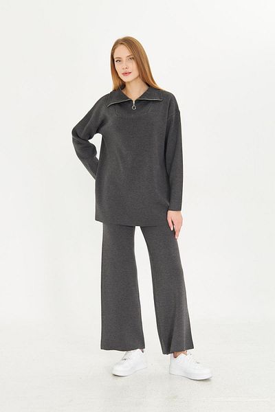 Irmak Kerekli Women's Anthracite Oversize Zippered Knitwear Bottom Top Set 1805