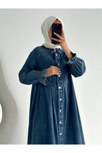 OlaLady Palton de damă, cu nasturi în față, cu pliuri, cu detaliu Hijab, din denim