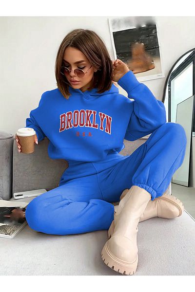 MODARİCH Set de trening oversize cu glugă cu imprimeu albastru Brooklyn USA Sax