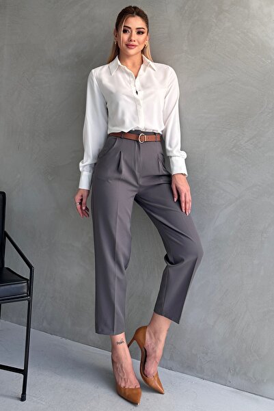 Maude Жіночі брюки з вузькими штанинами, з поясом, з плісировкою, сезонні, антрацитово-сірі, з тканини