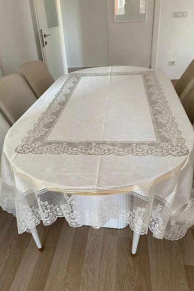 Çt Çeyizci Tekstil Ecru Patterned Laceless and Handle-Free Lace Tablecloth