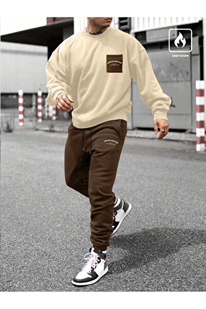 coolart بنطلون رياضي من 3 إنيرينج كاليفورنيا - بيج بني مطبوع برقبة دائرية