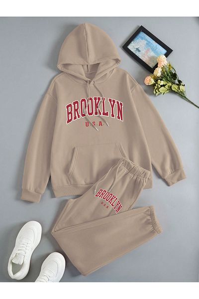 MODARİCH Σετ φούτερ με κουκούλα Brooklyn USA Beige - Oversize Rubber Leg