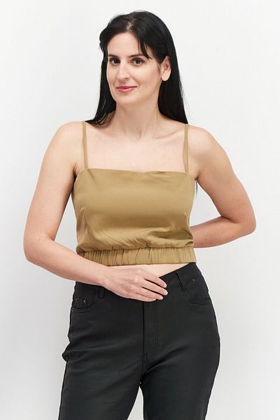 4th & Reckless Women Square Neck Sleeveless Plain Crop Top, Khaki
