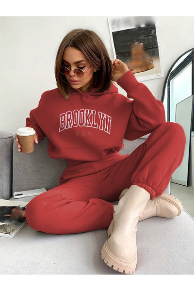 Cool Art Brooklyn Usa Kapüşonlu Kombin Alt Üst Eşofman Takımı - Kırmızı Baskılı Oversize Lastik Paça