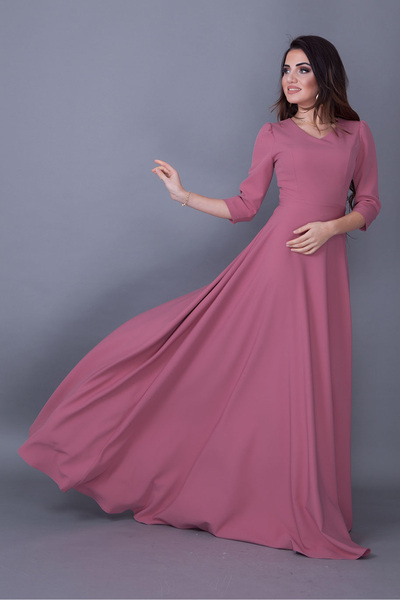 RURIS Kadın Gül Kurusu V Yaka Truvakat Kol Maxi Boy Elbise