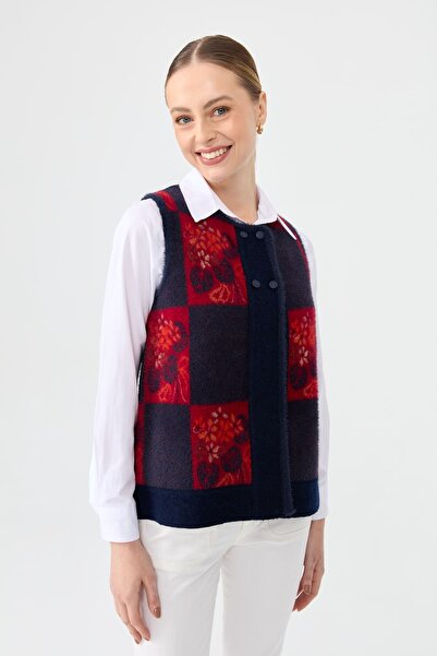 Desen Triko Women's Navy Blue Wool Vest - Crew Neck, Patchwork Felt Back, Short Waistcoat