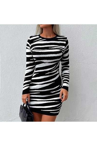 TKLC Women's Long Sleeve Black and White Zebra Pattern Knitwear Dress