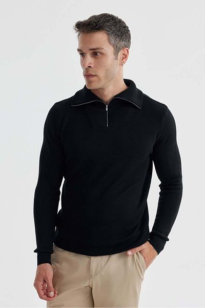 Jakamen Тъмносин вълнен пуловер с цип и яка Slim Fit