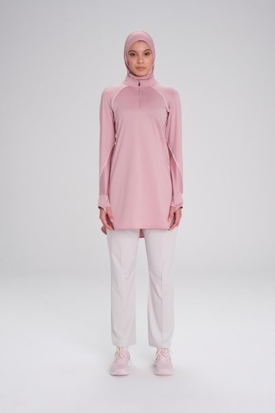 Haşema Active H-Per Ribbed Long Sleeve Zipper Collar Pink Hijab Training T-Shirt Act-18