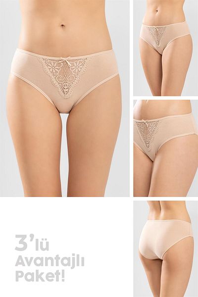 BAYKAR Women's White Lace Front Cotton Classic Women's Panties 3 Pack 8251 Skin Color