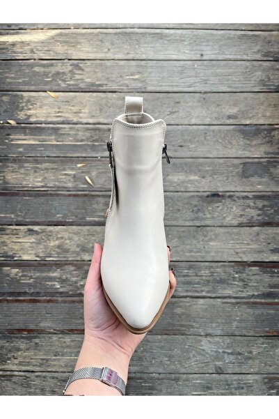 MİSS PARK MODA Park Moda Kadın Krem Bej Ten Sivri Burun Buti Kalın Kısa Topuklu Fermuarlı Günlük Casual Yarım Bot