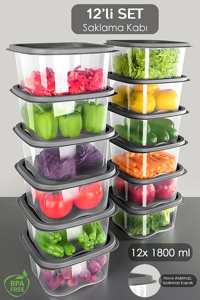 Meleni Home 12Pcs Square Food Preservation Container - 1800ml Anthracite, Microwave Deep Freezer