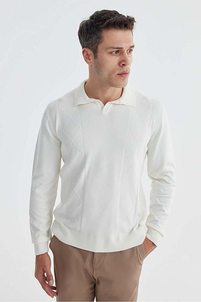 Jakamen Πλεκτό πόλο με μοτίβο Ecru Slim Fit μαλλί κασμίρ