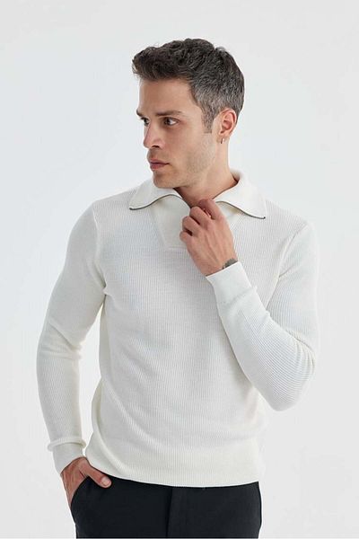Jakamen Πλεκτό με γιακά με φερμουάρ Ecru Slim Fit