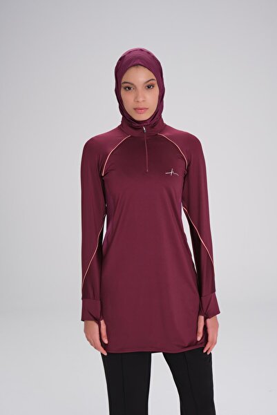 Haşema Purple Hijab Training T-shirt - H-per Piping, Long Sleeve, Zip Collar, Act-18