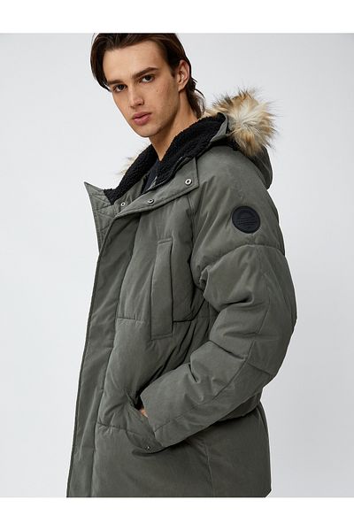 Koton Puffer Jacket Hooded Faux Fur Detail Zippered Pocket
