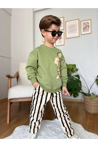 My Kids Wear Emoji Printed Striped Sports Boy Suit