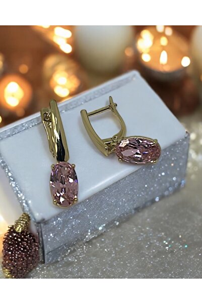 By Semra Xupıng Jewelry Kristal Pembe Zirkon Taşlı Özel Tasarım Gold Çelik Şık Küpe