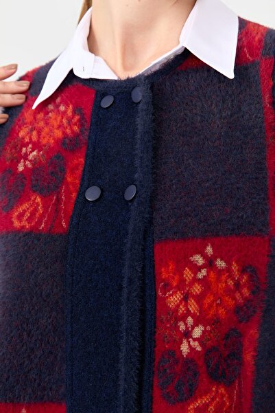 Desen Triko Women's Navy Blue Wool Vest - Crew Neck, Patchwork Felt Back, Short Waistcoat